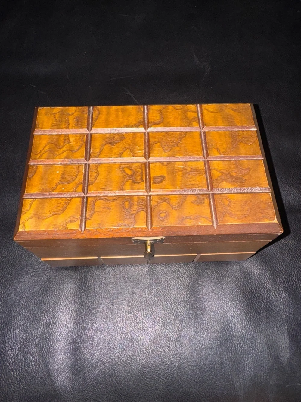 Vintage wood jewelry box with red velvet interior and mirror 5x8 inches MCM